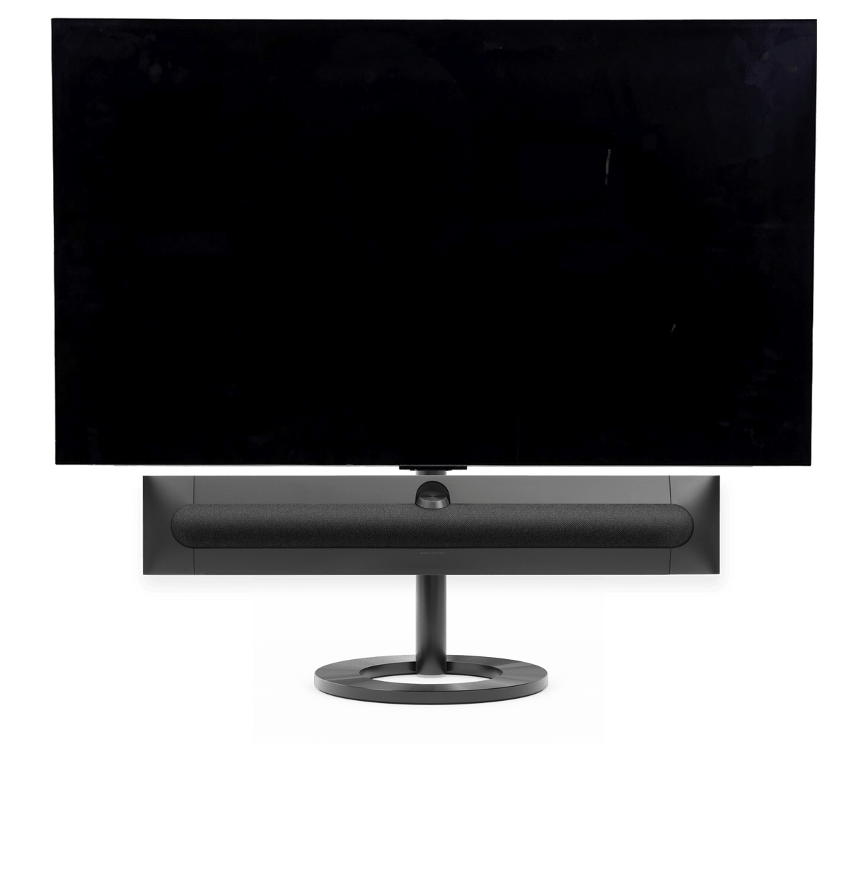 Bang & Olufsen Beosound Premiere i black anthracite aluminium grey melange stof højttalerfront med 65" LG C5 OLED TV på gulvstand