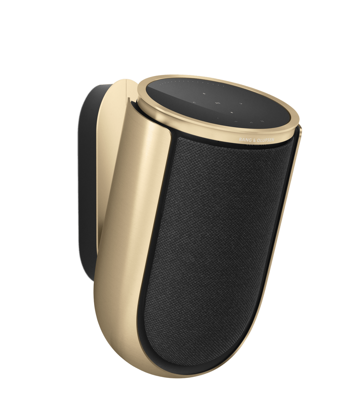 Beolab 8 højttaler i guld finish med sort stofgitter og touch-betjening på toppen