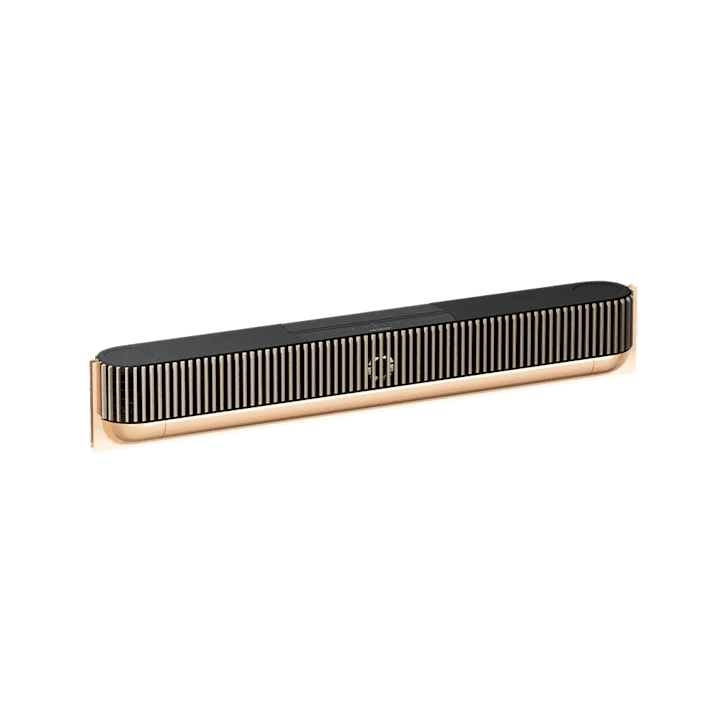 Beosound Theatre soundbar i sort og guld set fra siden