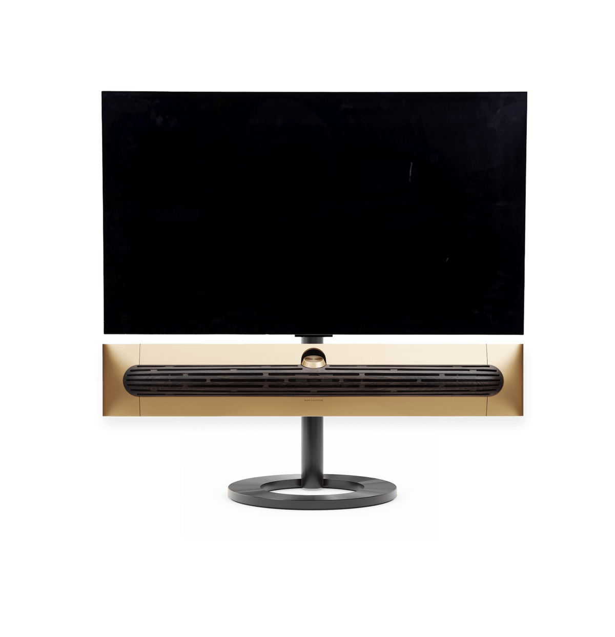 Bang & Olufsen Beosound Premiere i gold tone aluminium mørk eg højttalerfront med 42" LG C5 OLED TV på gulvstand