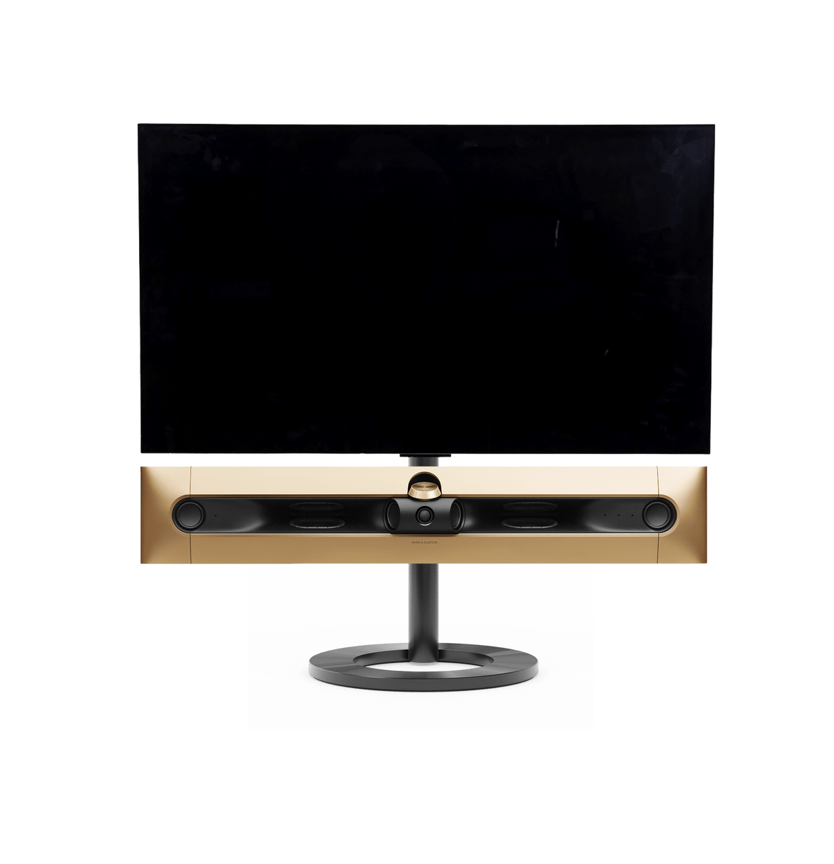 Bang & Olufsen Beosound Premiere i gold tone aluminium uden højttalerfront med 42" LG C5 OLED TV på gulvstand