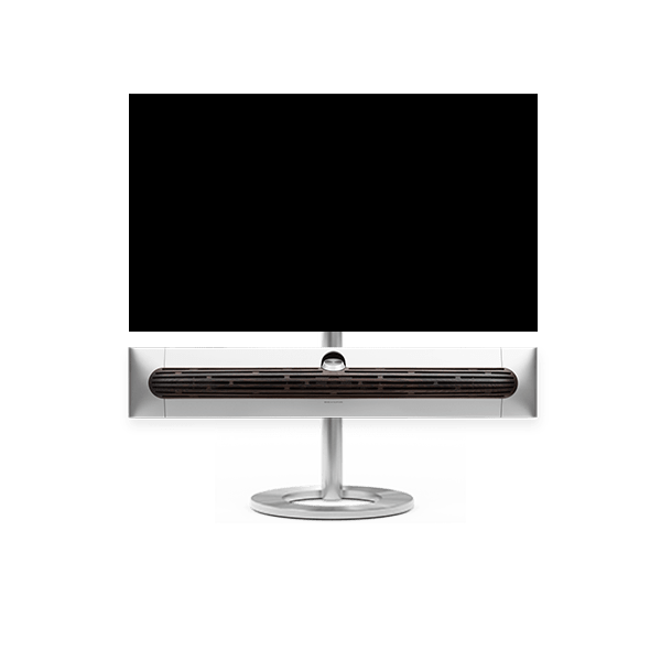 Bang & Olufsen Beosound Premiere i natural aluminium mørk eg højttalerfront med 42" LG C5 OLED TV på gulvstand