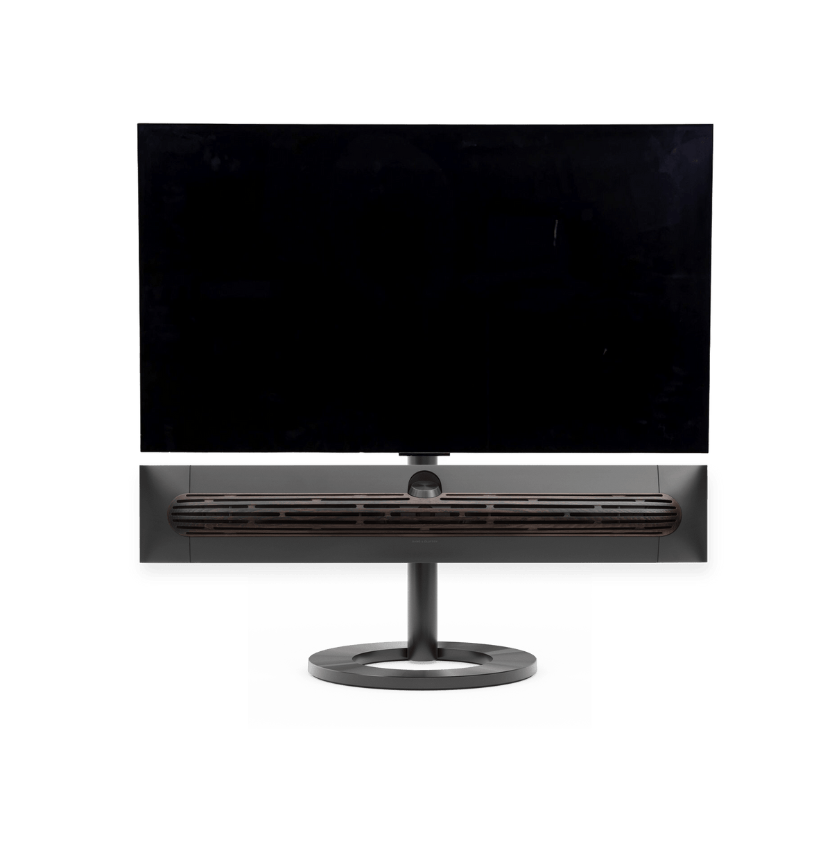 Bang & Olufsen Beosound Premiere i black anthracite aluminium mørk eg højttalerfront med 42" LG C5 OLED TV på gulvstand