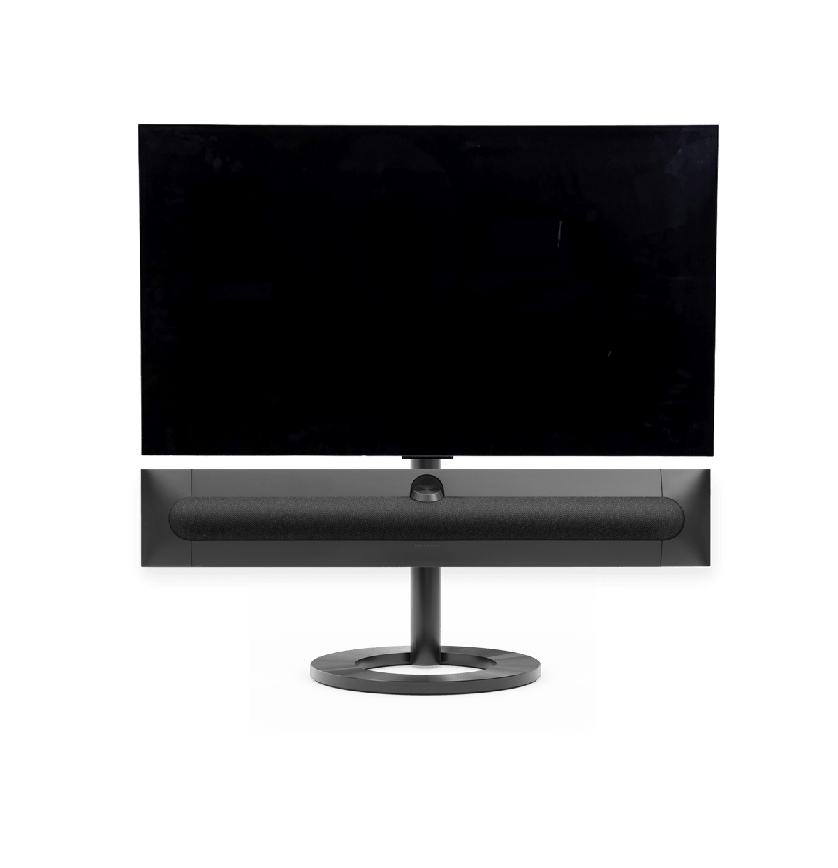 Bang & Olufsen Beosound Premiere i black anthracite aluminium grey melange stof højttalerfront med 42" LG C5 OLED TV på gulvstand