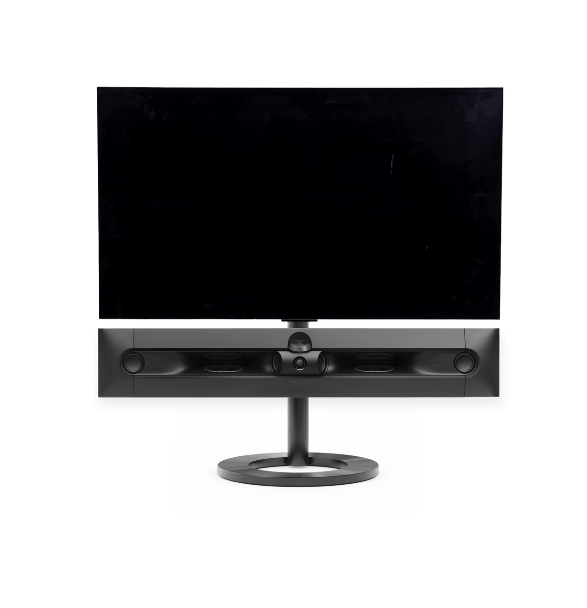 Bang & Olufsen Beosound Premiere i black anthracite aluminium uden højttalerfront med 42" LG C5 OLED TV på gulvstand