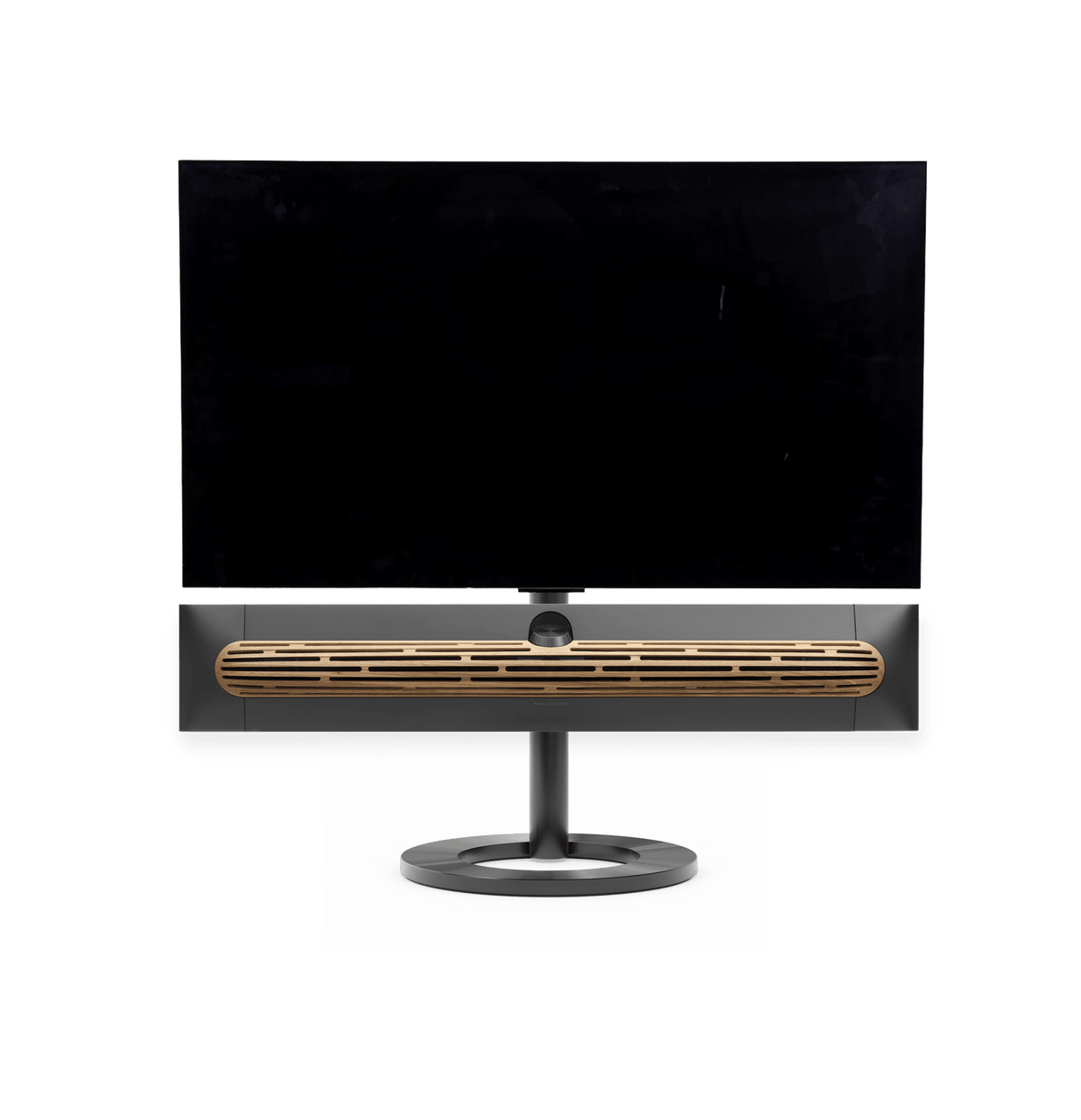 Bang & Olufsen Beosound Premiere i black anthracite aluminium eg højttalerfront med 42" LG C5 OLED TV på gulvstand