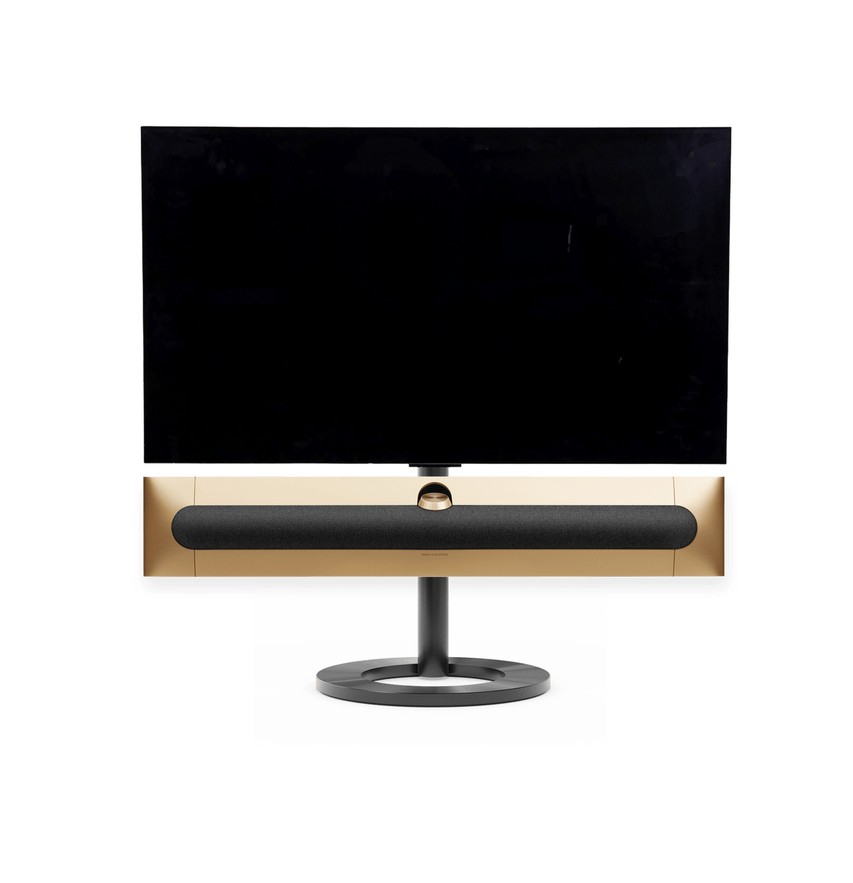 Bang & Olufsen Beosound Premiere i gold tone aluminium grey melange stof højttalerfront med 42" LG C5 OLED TV på gulvstand