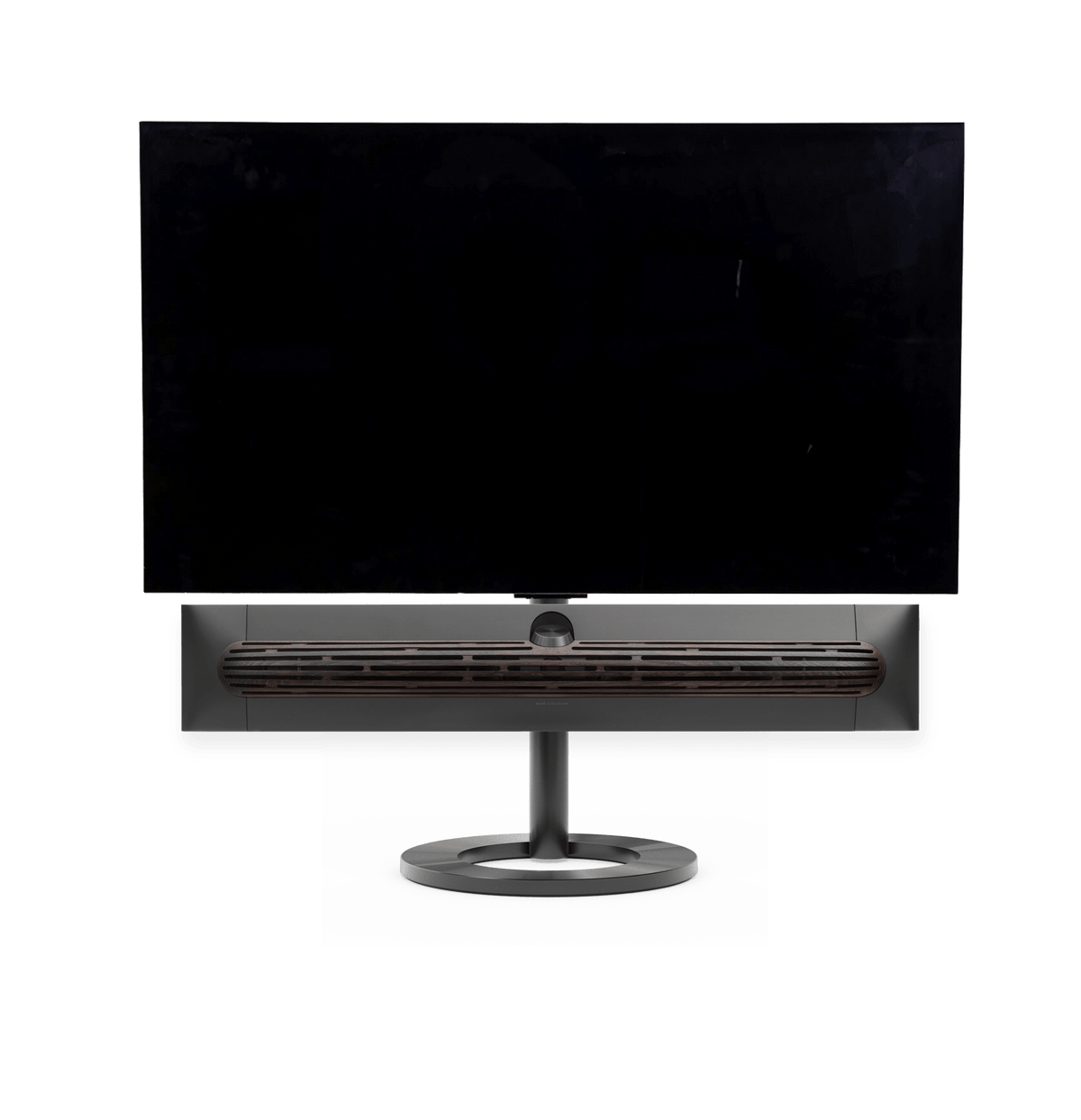 Bang & Olufsen Beosound Premiere i black anthracite aluminium mørk eg højttalerfront med 48" LG C5 OLED TV på gulvstand