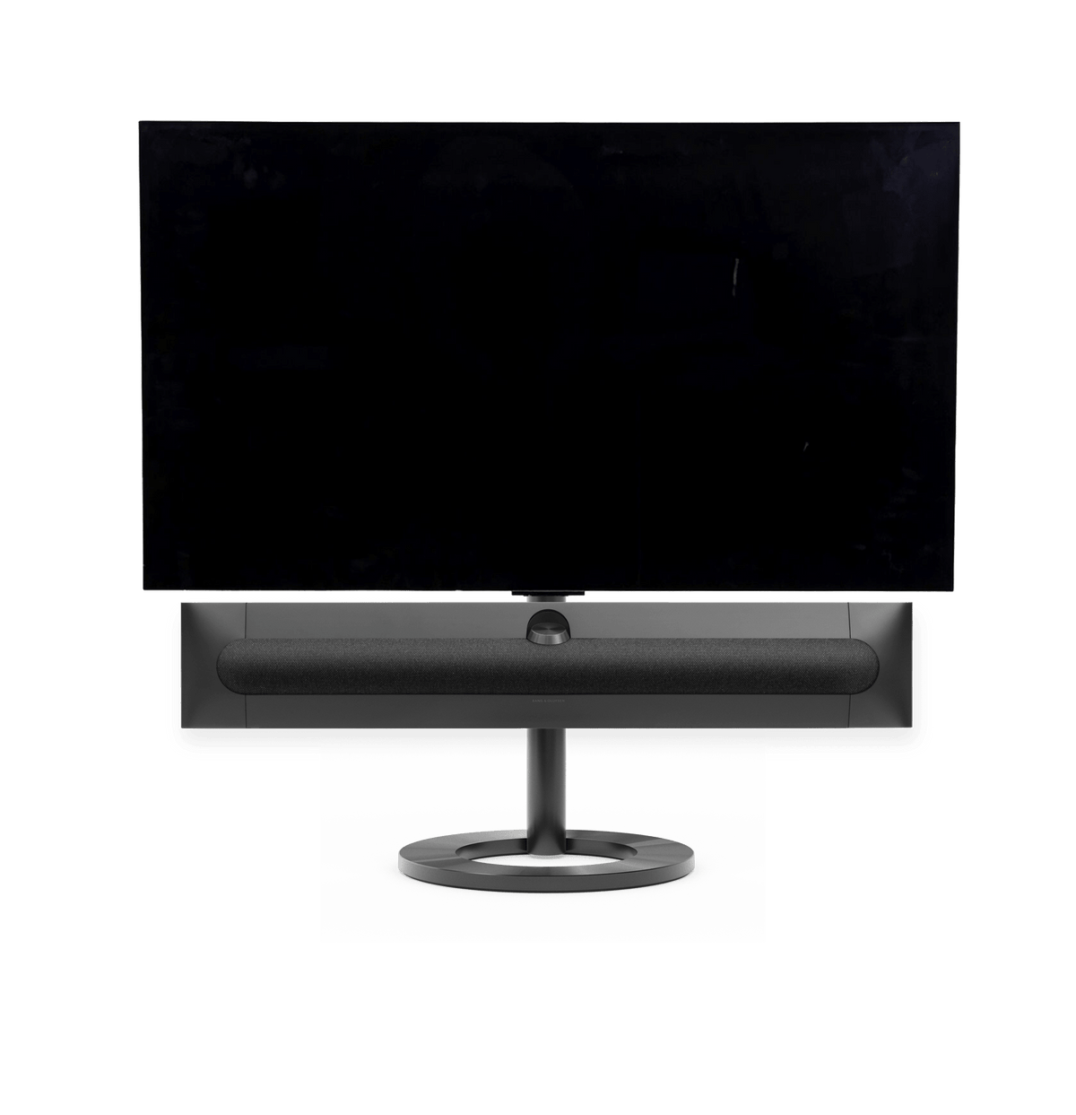 Bang & Olufsen Beosound Premiere i black anthracite aluminium grey melange stof højttalerfront med 48" LG C5 OLED TV på gulvstand