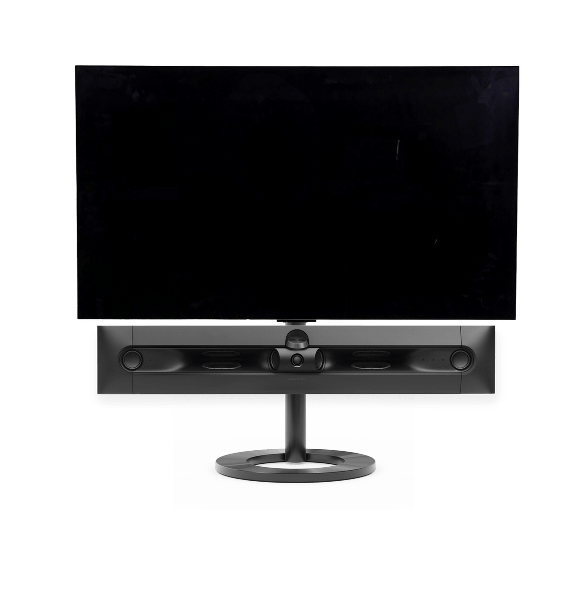 Bang & Olufsen Beosound Premiere i black anthracite aluminium uden højttalerfront med 48" LG C5 OLED TV på gulvstand