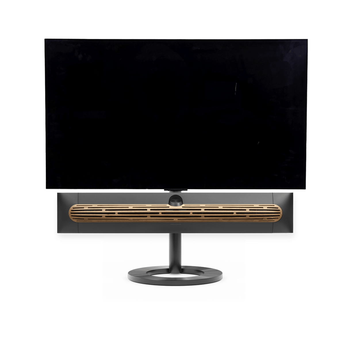 Bang & Olufsen Beosound Premiere i black anthracite aluminium eg højttalerfront med 48" LG C5 OLED TV på gulvstand