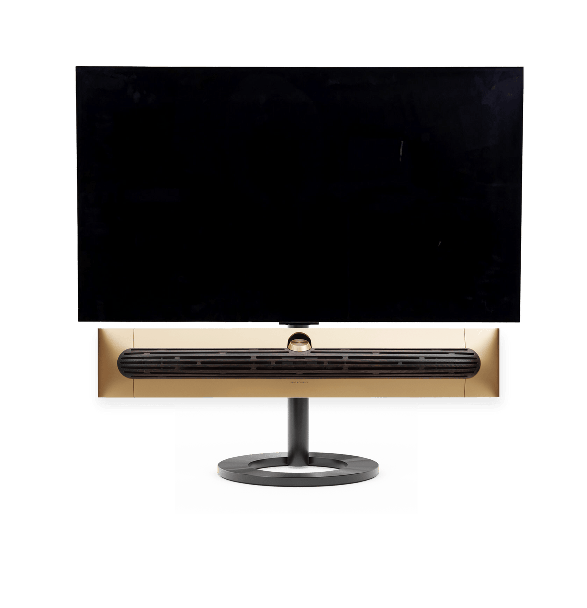 Bang & Olufsen Beosound Premiere i gold tone aluminium mørk eg højttalerfront med 48" LG C5 OLED TV på gulvstand