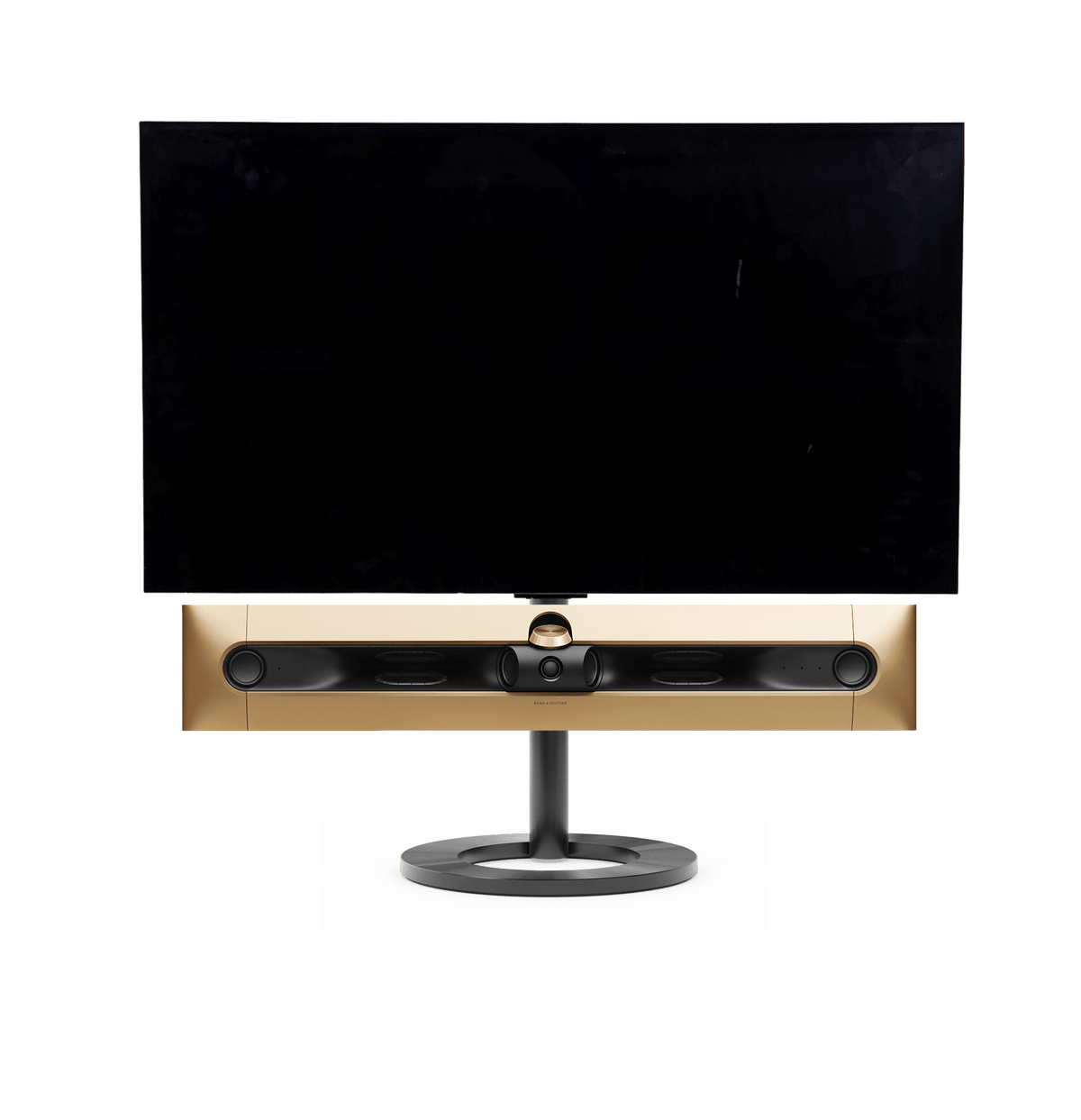 Bang & Olufsen Beosound Premiere i gold tone aluminium uden højttalerfront med 48" LG C5 OLED TV på gulvstand