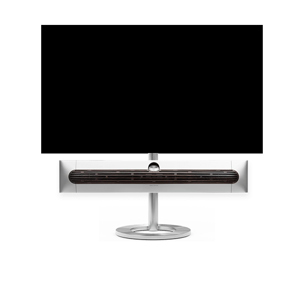 Bang & Olufsen Beosound Premiere i natural aluminium mørk eg højttalerfront med 48" LG C5 OLED TV på gulvstand
