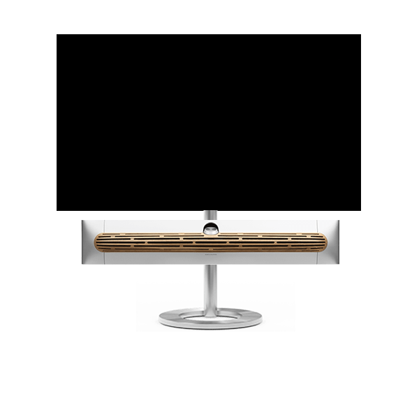 Bang & Olufsen Beosound Premiere i natural aluminium eg højttalerfront med 48" LG C5 OLED TV på gulvstand