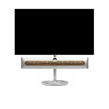 Bang & Olufsen Beosound Premiere i natural aluminium eg højttalerfront med 48" LG C5 OLED TV på gulvstand
