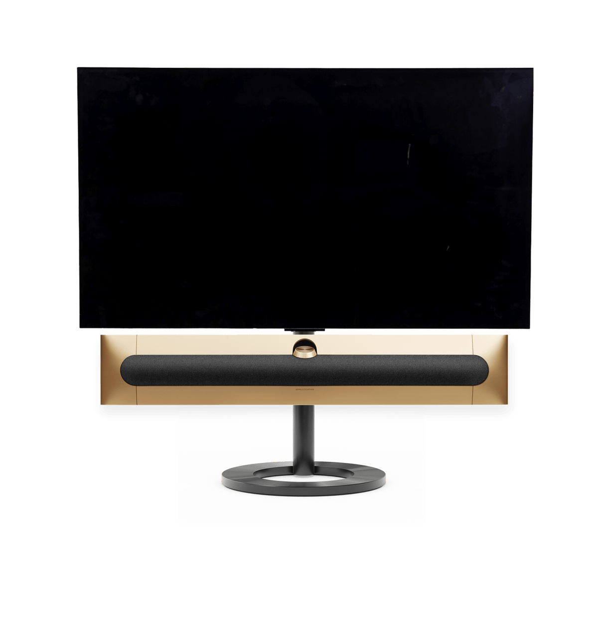 Bang & Olufsen Beosound Premiere i gold tone aluminium grey melange stof højttalerfront med 48" LG C5 OLED TV på gulvstand