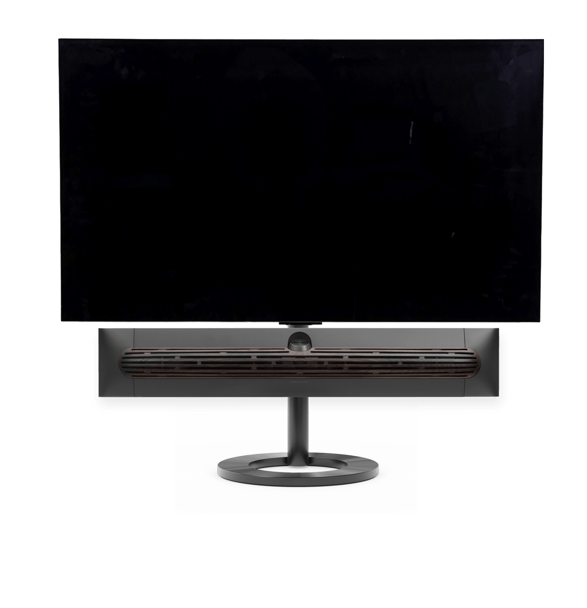 Bang & Olufsen Beosound Premiere i black anthracite aluminium mørk eg højttalerfront med 55" LG C5 OLED TV på gulvstand