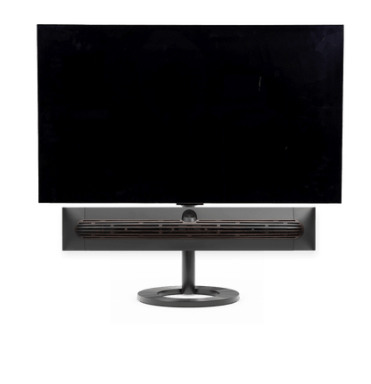 Bang & Olufsen Beosound Premiere i black anthracite aluminium mørk eg højttalerfront med 55" LG C5 OLED TV på gulvstand