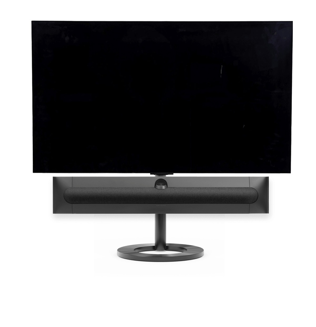 Bang & Olufsen Beosound Premiere i black anthracite aluminium grey melange stof højttalerfront med 55" LG C5 OLED TV på gulvstand