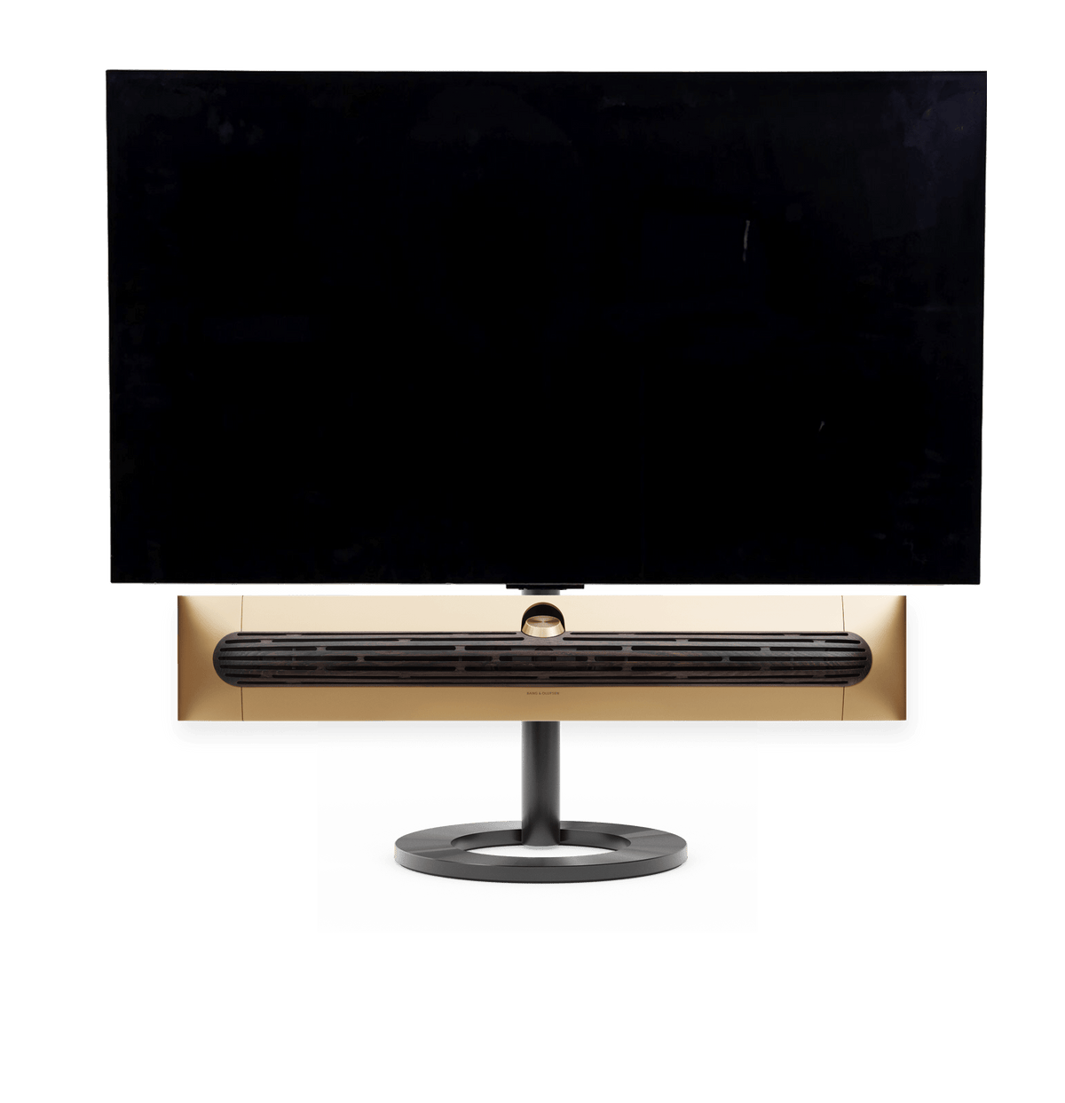 Bang & Olufsen Beosound Premiere i gold tone aluminium mørk eg højttalerfront med 55" LG C5 OLED TV på gulvstand
