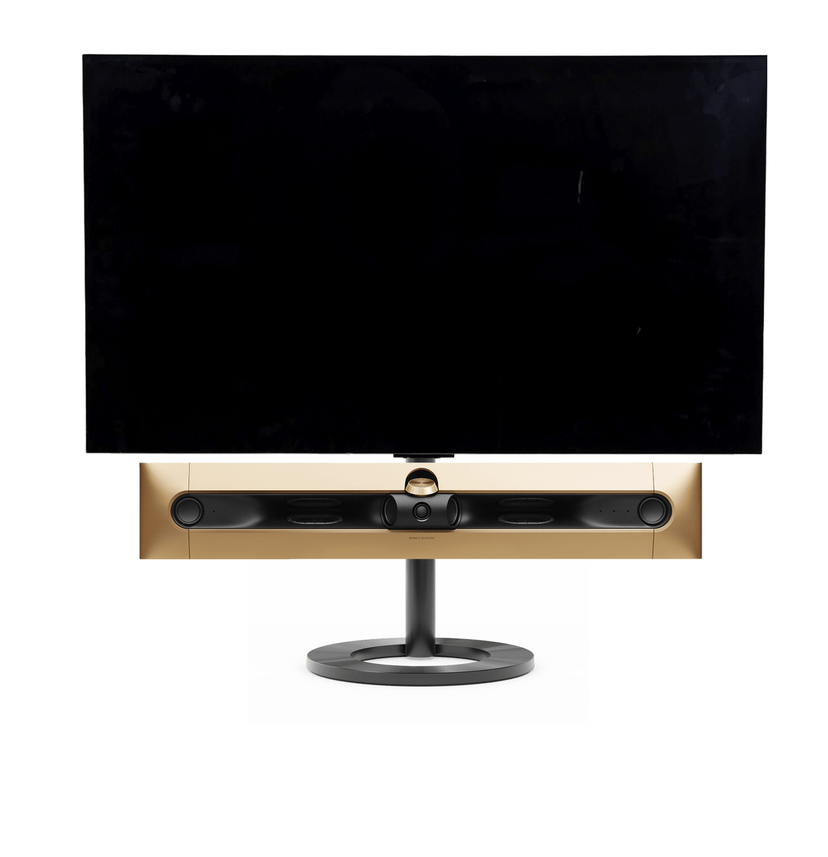 Bang & Olufsen Beosound Premiere i gold tone aluminium uden højttalerfront med 55" LG C5 OLED TV på gulvstand