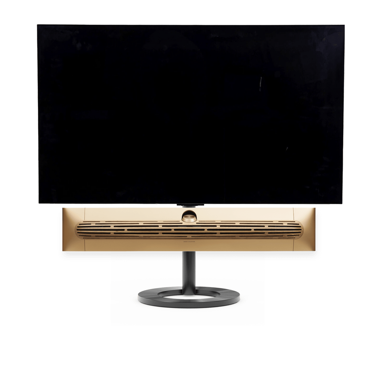 Bang & Olufsen Beosound Premiere i gold tone aluminium eg højttalerfront med 55" LG C5 OLED TV på gulvstand