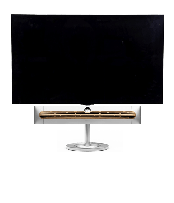 Bang & Olufsen Beosound Premiere i natural aluminium eg højttalerfront med 55" LG C5 OLED TV på gulvstand