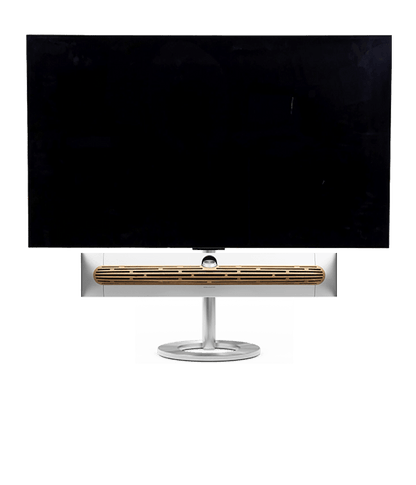 Bang & Olufsen Beosound Premiere i natural aluminium eg højttalerfront med 55" LG C5 OLED TV på gulvstand