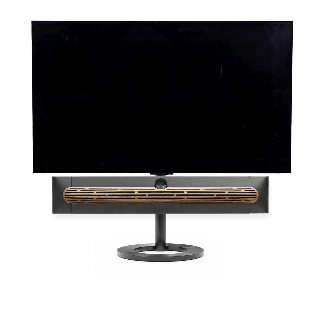 Bang & Olufsen Beosound Premiere i black anthracite aluminium eg højttalerfront med 55" LG C5 OLED TV på gulvstand