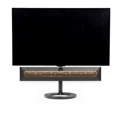 Bang & Olufsen Beosound Premiere i black anthracite aluminium eg højttalerfront med 55" LG C5 OLED TV på gulvstand