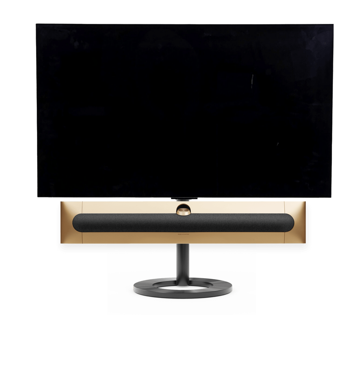 Bang & Olufsen Beosound Premiere i gold tone aluminium grey melange stof højttalerfront med 55" LG C5 OLED TV på gulvstand