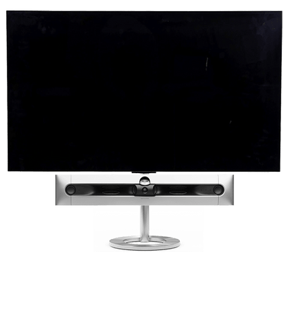 Bang & Olufsen Beosound Premiere i natural aluminium uden højttalerfront med 65" LG C5 OLED TV på gulvstand