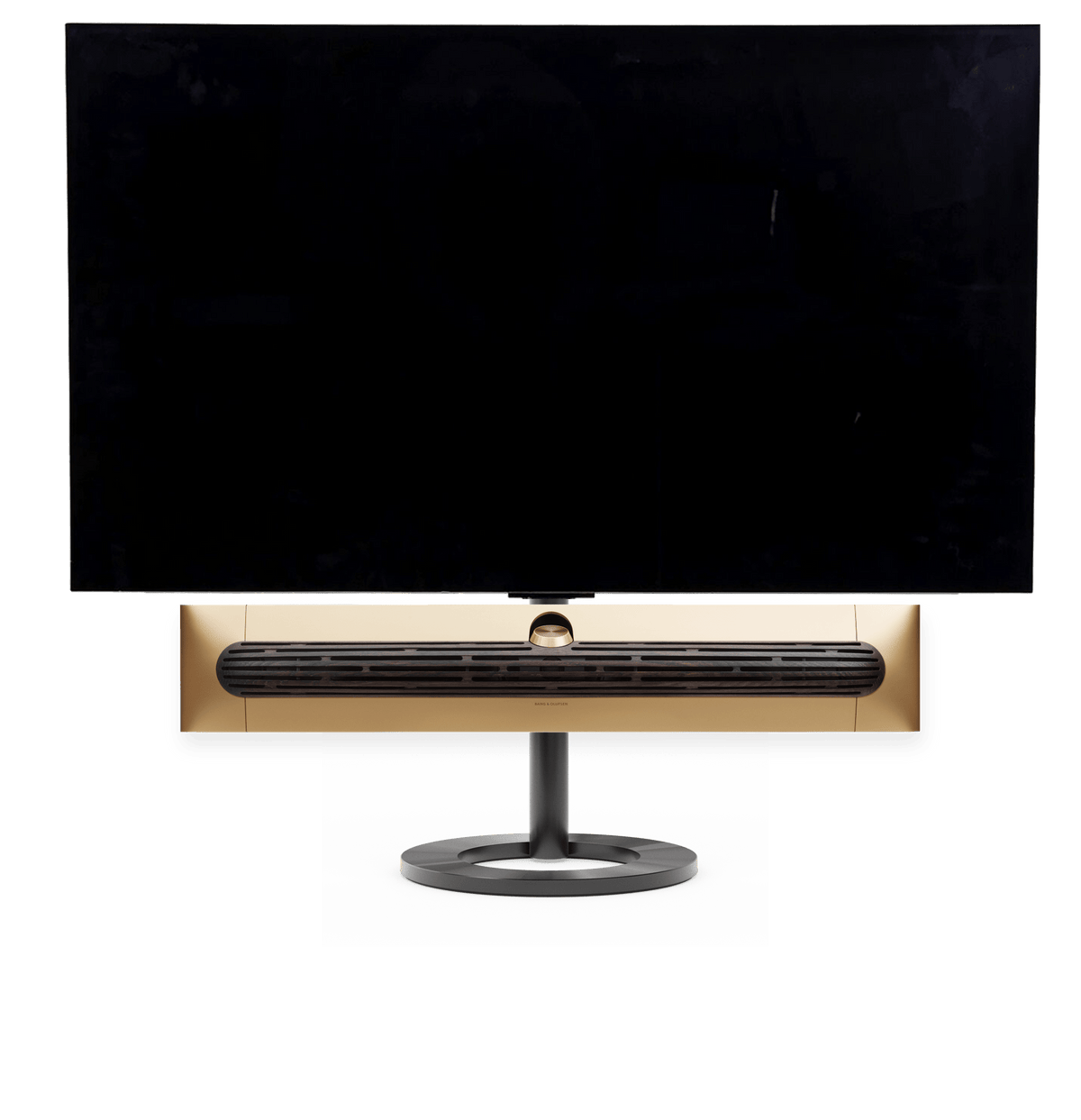Bang & Olufsen Beosound Premiere i gold tone aluminium mørk eg højttalerfront med 65" LG C5 OLED TV på gulvstand