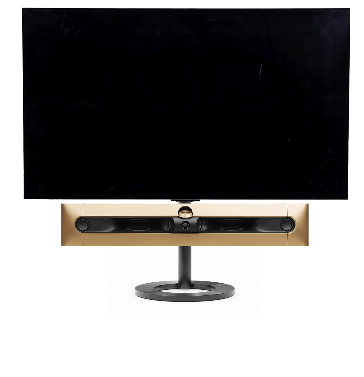 Bang & Olufsen Beosound Premiere i gold tone aluminium uden højttalerfront med 65" LG C5 OLED TV på gulvstand