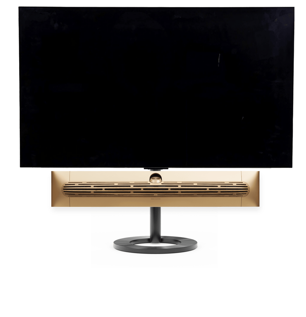 Bang & Olufsen Beosound Premiere i gold tone aluminium eg højttalerfront med 65" LG C5 OLED TV på gulvstand