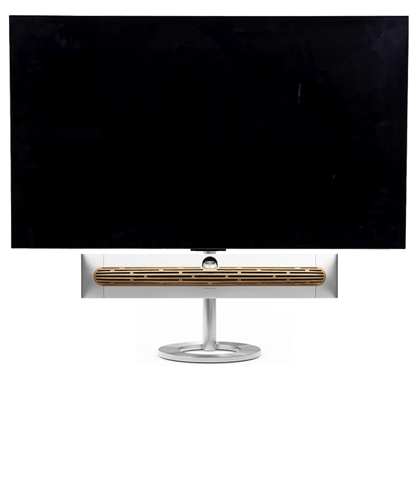 Bang & Olufsen Beosound Premiere i natural aluminium eg højttalerfront med 65" LG C5 OLED TV på gulvstand