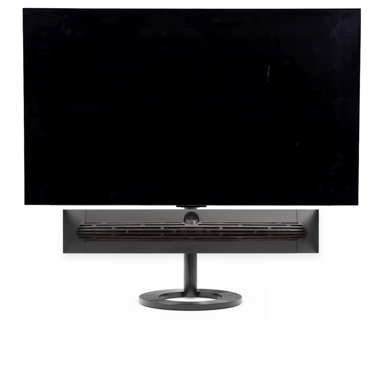 Bang & Olufsen Beosound Premiere i black anthracite aluminium mørk eg højttalerfront med 65" LG C5 OLED TV på gulvstand