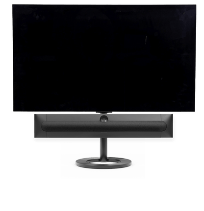 Bang & Olufsen Beosound Premiere i black anthracite aluminium grey melange stof højttalerfront med 65" LG C5 OLED TV på gulvstand
