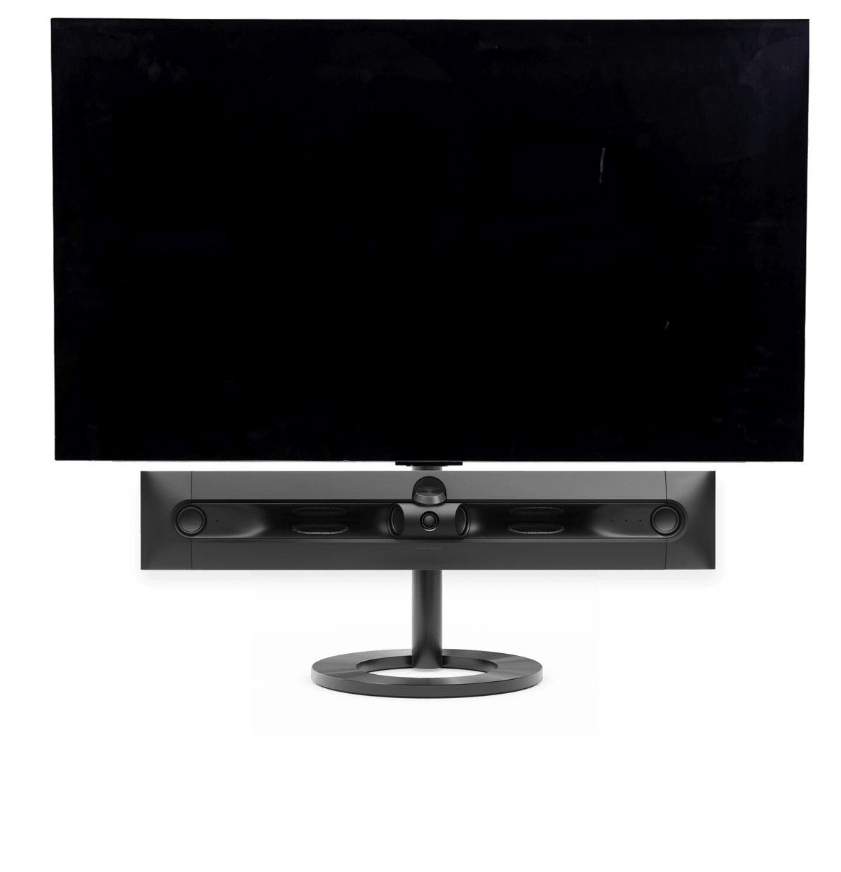 Bang & Olufsen Beosound Premiere i black anthracite aluminium uden højttalerfront med 65" LG C5 OLED TV på gulvstand
