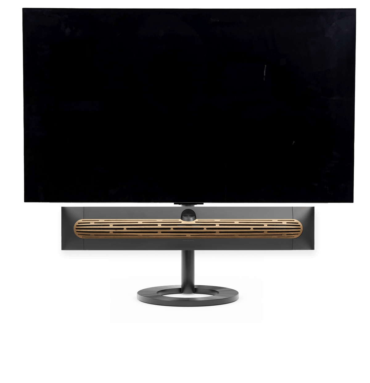 Bang & Olufsen Beosound Premiere i black anthracite aluminium eg højttalerfront med 65" LG C5 OLED TV på gulvstand