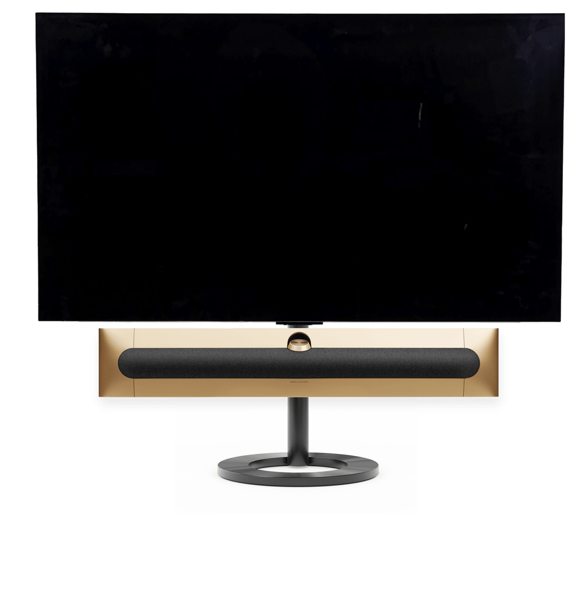 Bang & Olufsen Beosound Premiere i gold tone aluminium grey melange stof højttalerfront med 65" LG C5 OLED TV på gulvstand