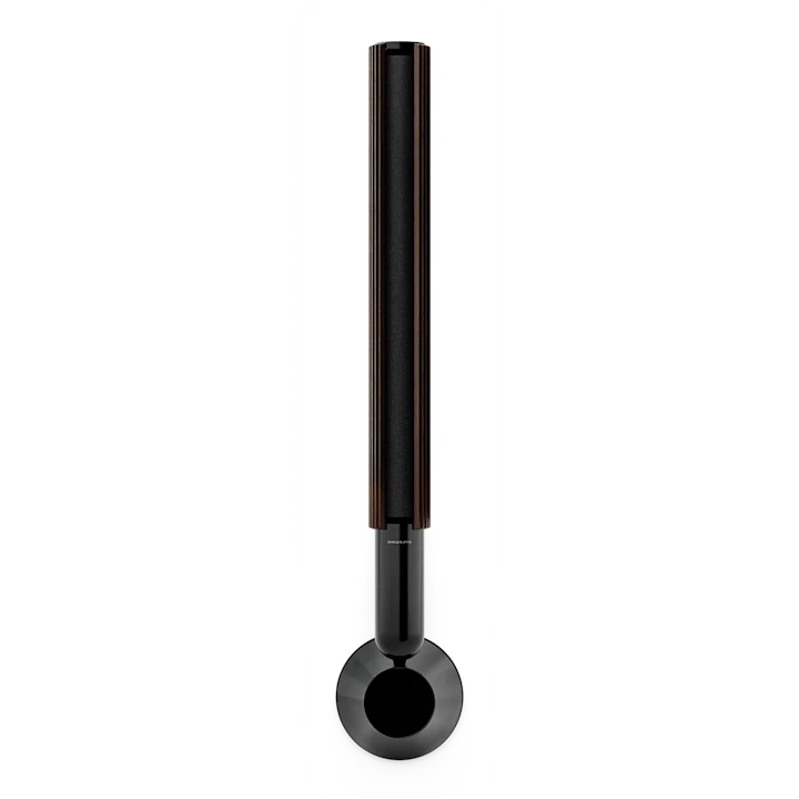Beolab 28 trådløs stereohøjttaler i sort med elegant cylindrisk design og cirkulær base
