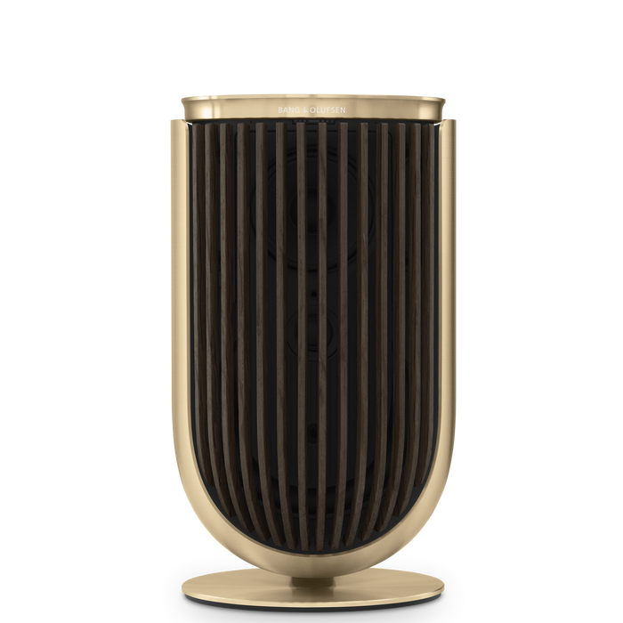 Bang & Olufsen Beolab 8 højttaler i guld og sort med lodret ribbet design