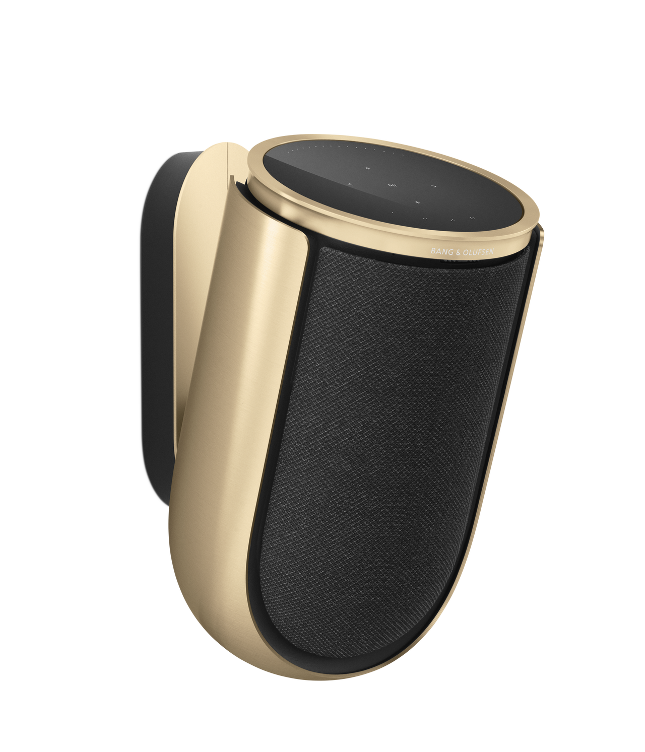 Beolab 8 højttaler i guld finish med sort stofgitter og touch-betjening på toppen