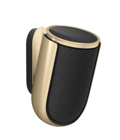 Beolab 8 højttaler i guld finish med sort stofgitter og touch-betjening på toppen