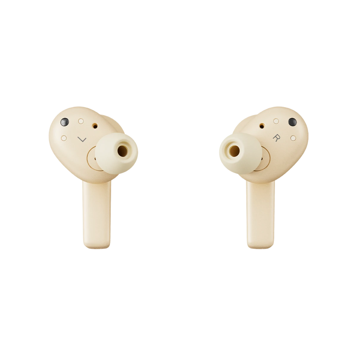 To cremefarvet Beoplay EX trådløse earbuds med L og R markering