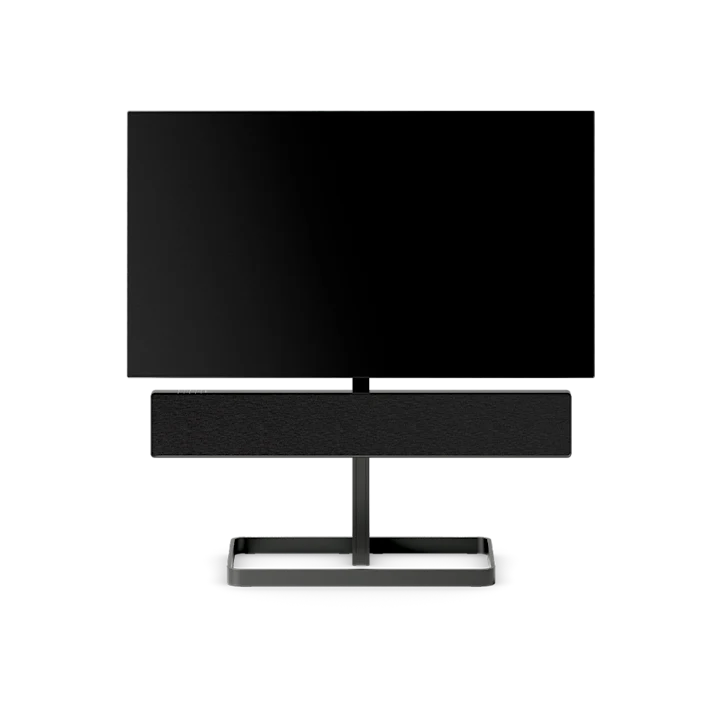 Beosound Stage soundbar på sort stativ med TV skærm