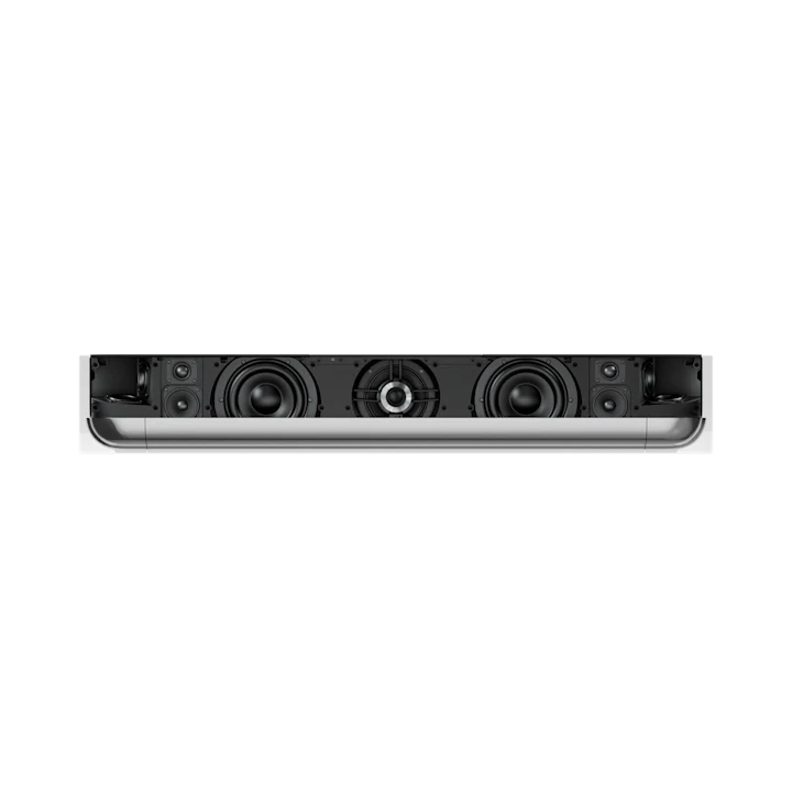 Beosound Theatre soundbar set forfra med synlige højttalerdrivere og sølvfarvet base