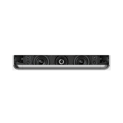 Beosound Theatre soundbar set forfra med synlige højttalerdrivere og sølvfarvet base